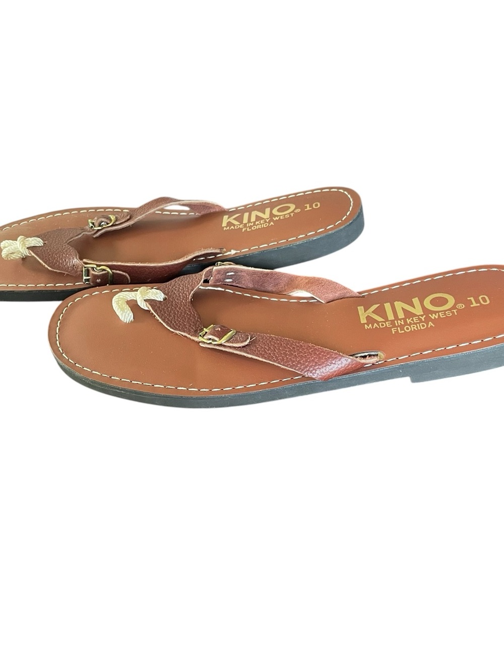 Kino Key West Women Leather Flip Flops Brown Slide Sandals Size 10 Handmade Boho - Picture 3 of 8